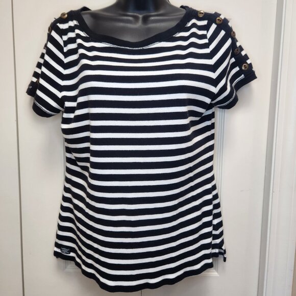 [M] Ralph Lauren Black & White Striped Tee Medium 100% Cotton Button Shoulders - Picture 1 of 12